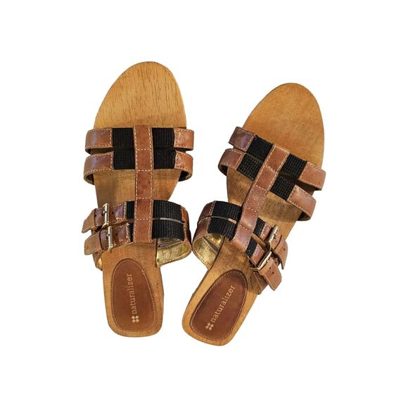 Naturalizer Size 8.5 Brown Athina Sandals Wood Soles Slip On Slide‎ T-Strap - Picture 1 of 12